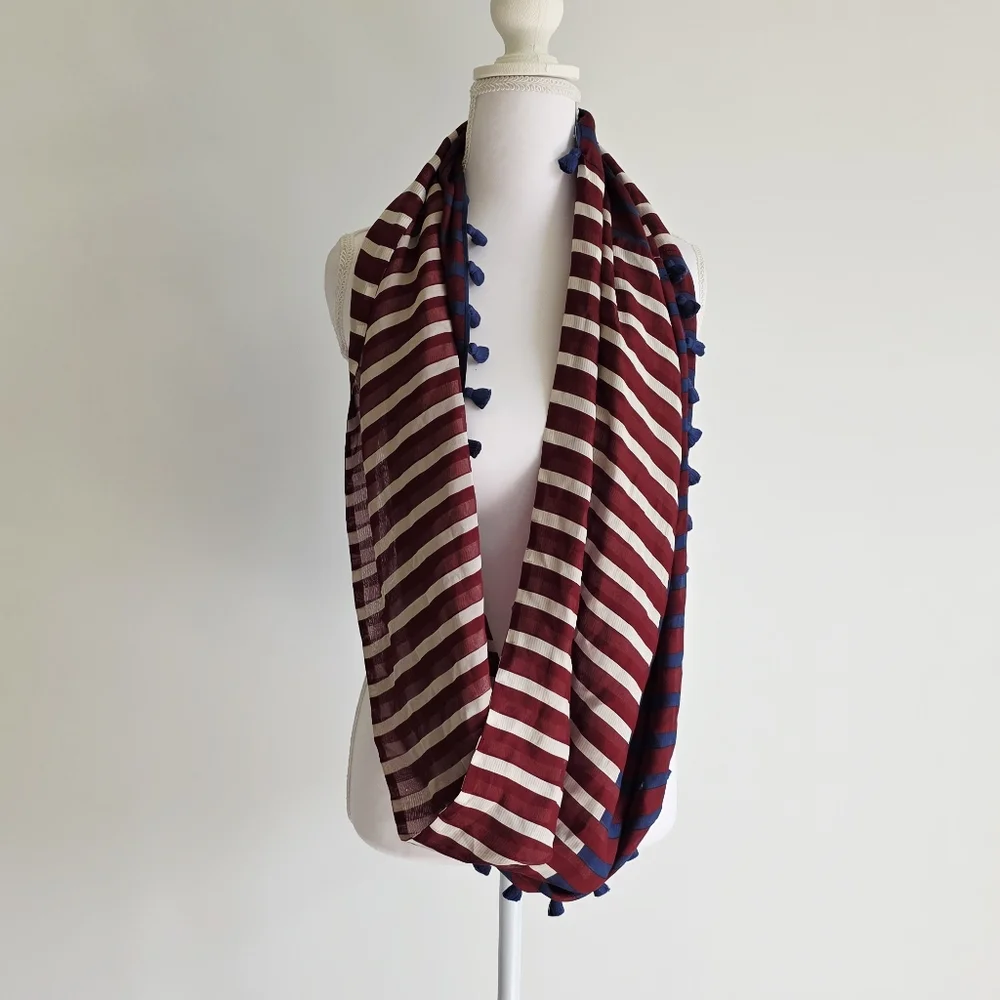 J. Crew 100% Silk Striped White/Blue/Wine Tasseled Infinity Scarf